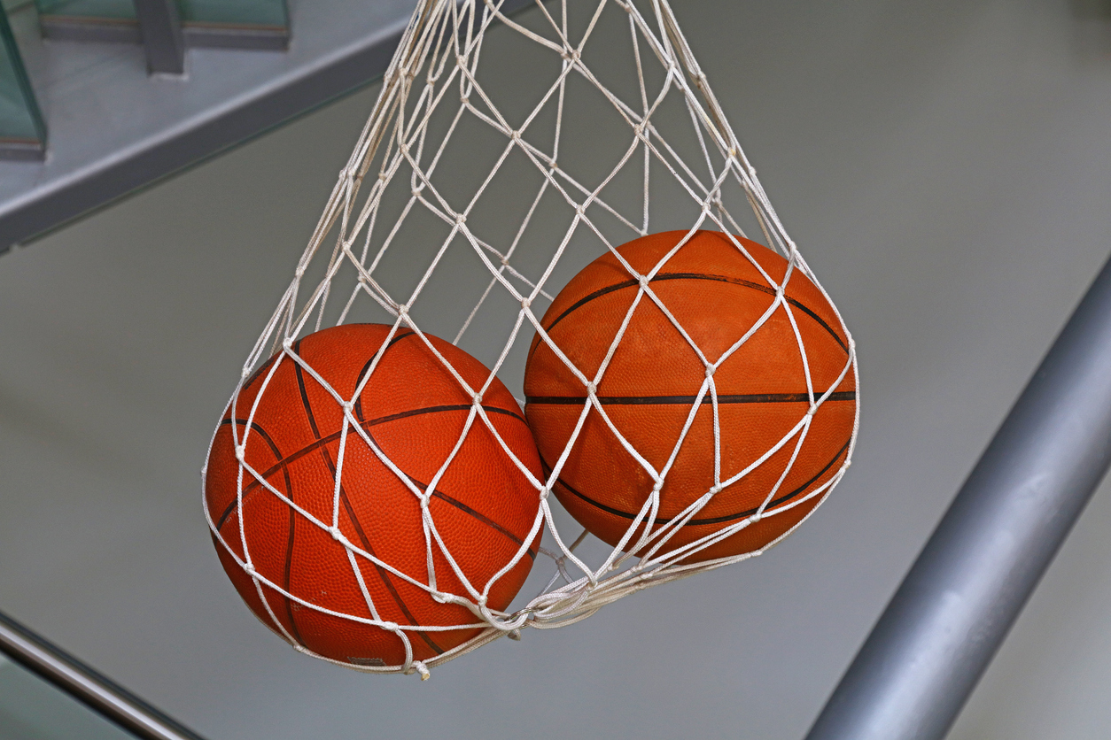 Two basketball balls hanging in mesh sack